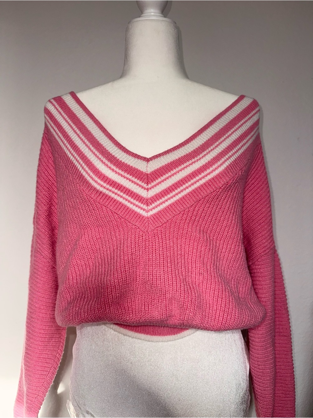 130. Express pink sweater with white striped V-neck, size S